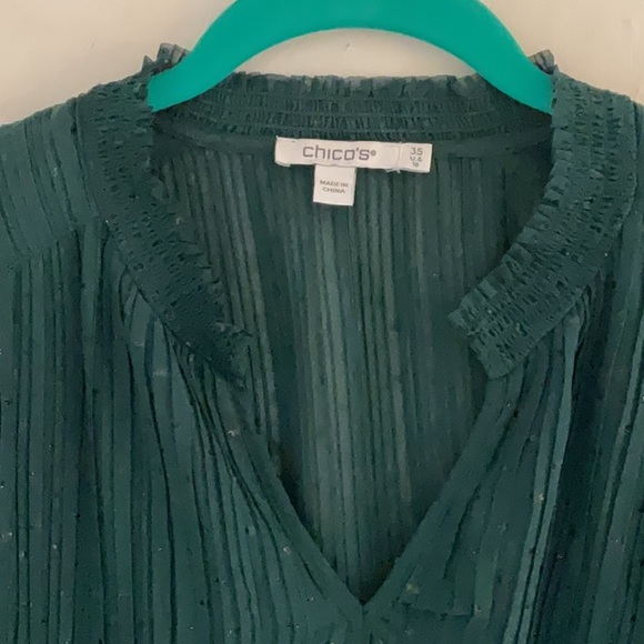 Chico's V Neck Pleated Long Sleeve w/Metallic Accents Blouse, 18, Green, Sheer - Picture 5 of 7